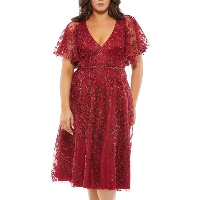 Mac Duggal Gown Butterfly Sleeves Dress Embroidered Tulle Lace Sequins Beads